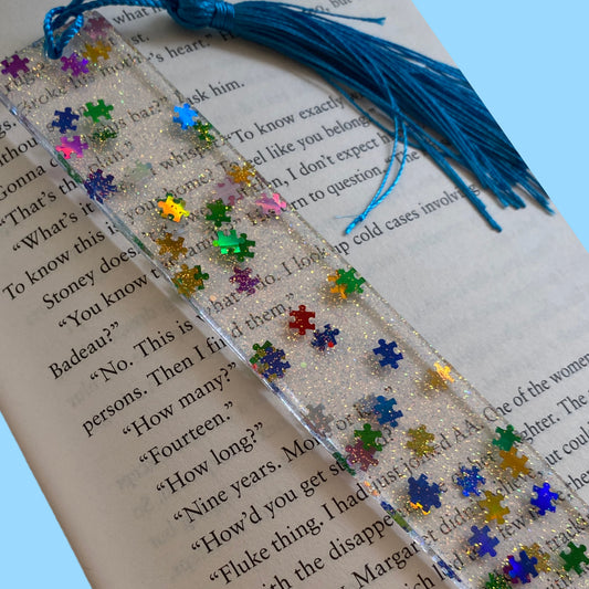 Autism Awareness Epoxy bookmarks/ Glitter puzzle piece bookmark with tassel / page keeper